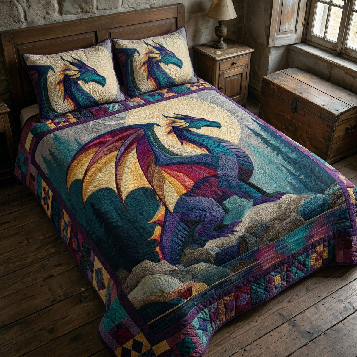 Prism Dragon quilted 3-piece bedding set on a made bed with two matching pillow shams