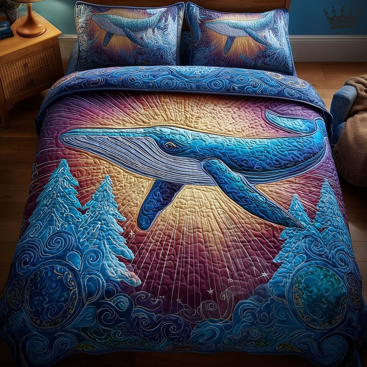 Prism Whale quilted 3-piece bedding set on a made bed in a light coastal bedroom