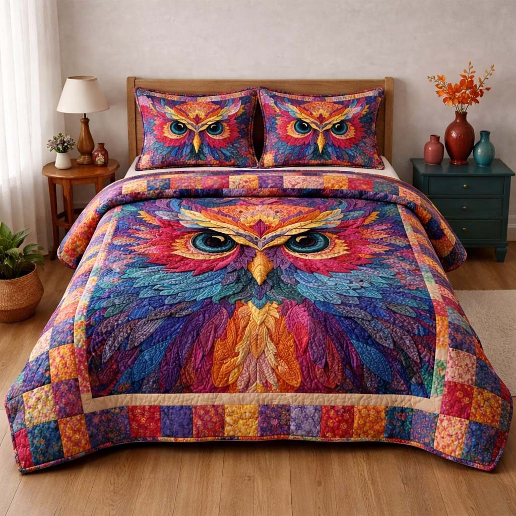 Prismatic Patchwork Owl quilted 3-piece bedding set on a made bed in a farmhouse bedroom