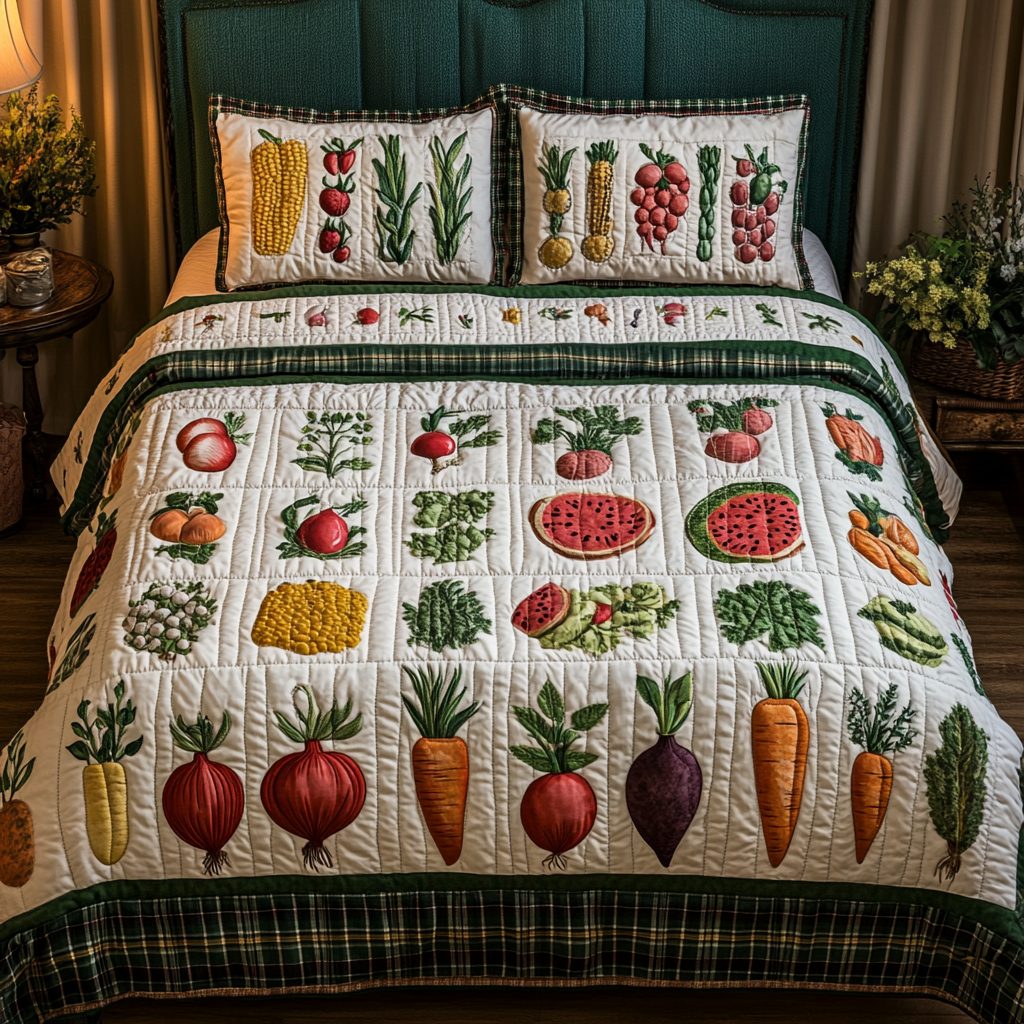 Produce Plush quilted 3-piece bedding set on a made bed with two matching pillow shams