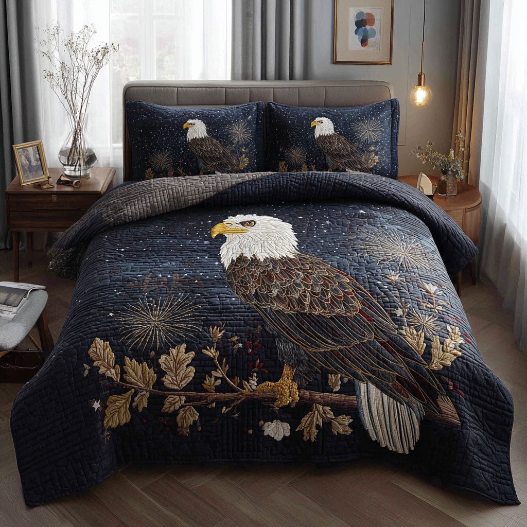 Proud Eagle quilted 3-piece bedding set on a made bed in a warmly lit bedroom