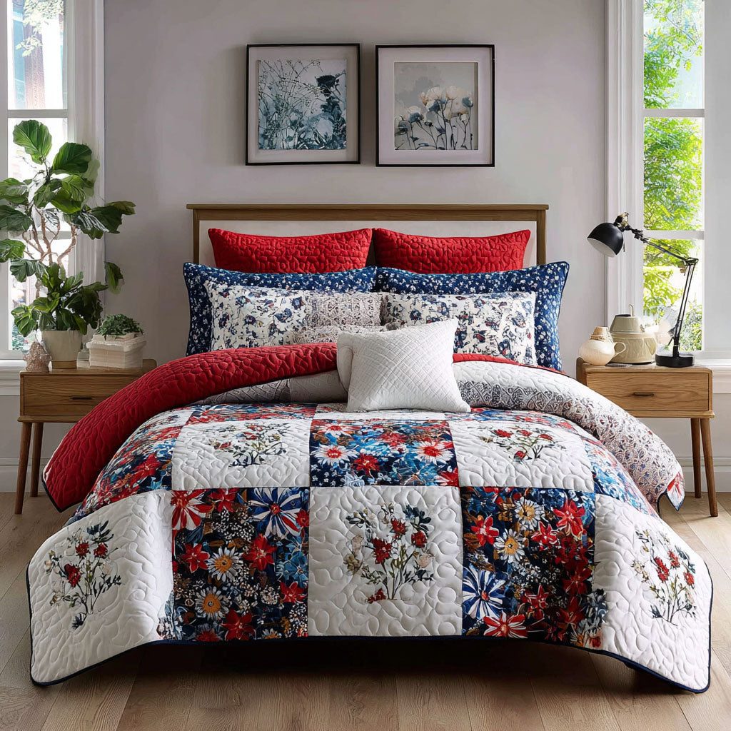 Proud Heritage quilted 3-piece bedding set on a made bed in a farmhouse bedroom
