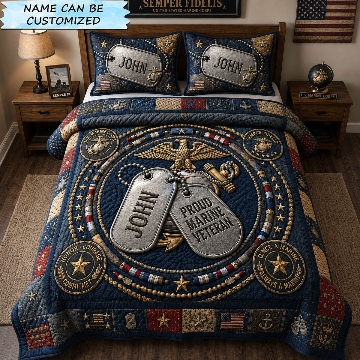 Proud Marine Dog Tags quilted 3-piece bedding set on a made bed in a warmly lit bedroom