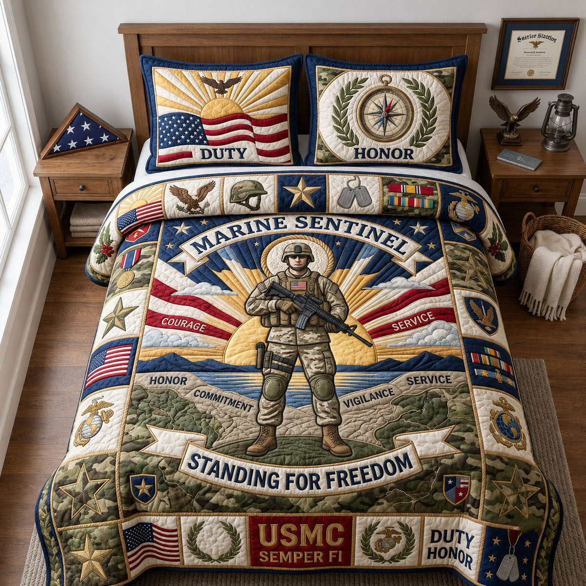 Proud Marine Verteran quilted 3-piece bedding set on a made bed in a warmly lit bedroom