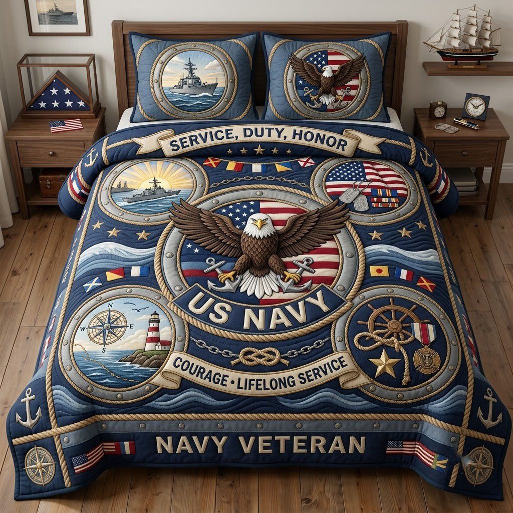 Proud Navy Veteran quilted 3-piece bedding set on a made bed in a warmly lit bedroom