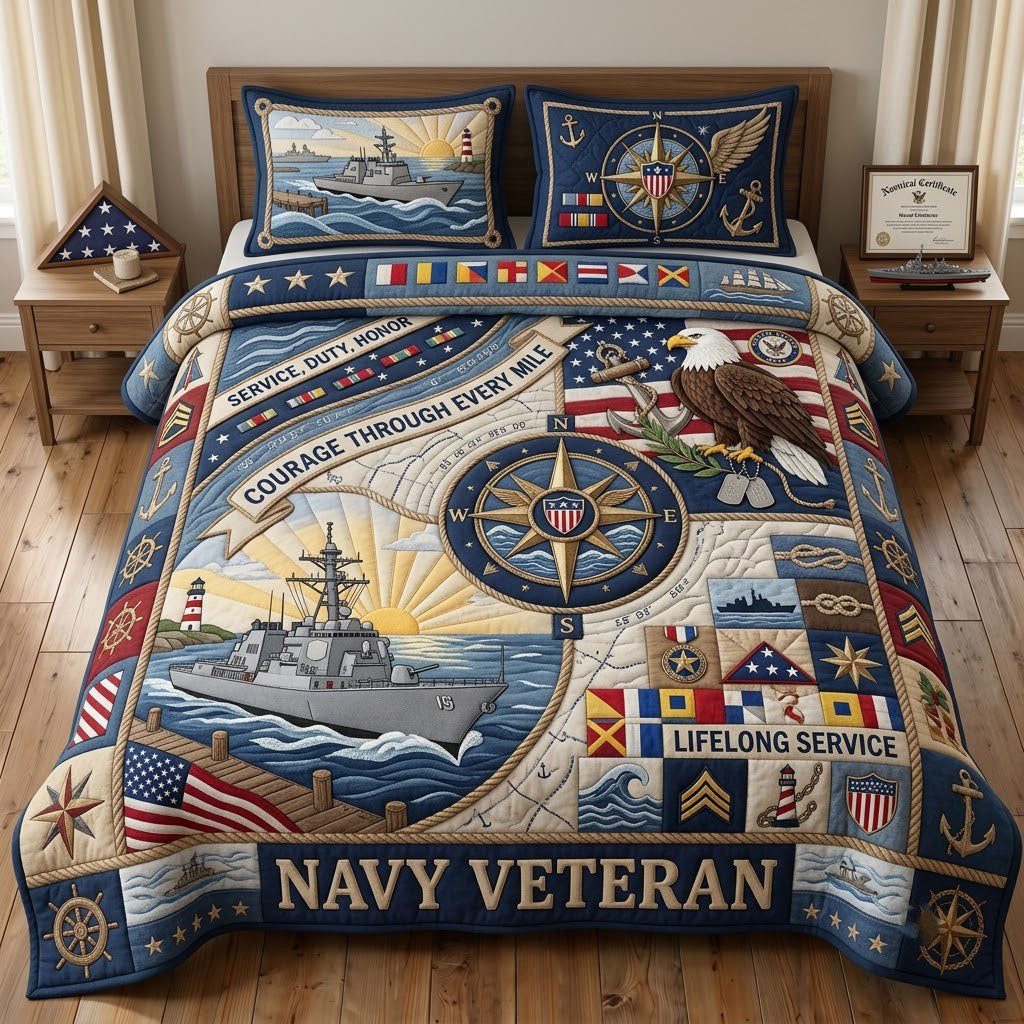 Proud Navy Veteran quilted 3-piece bedding set on a made bed in a warmly lit bedroom