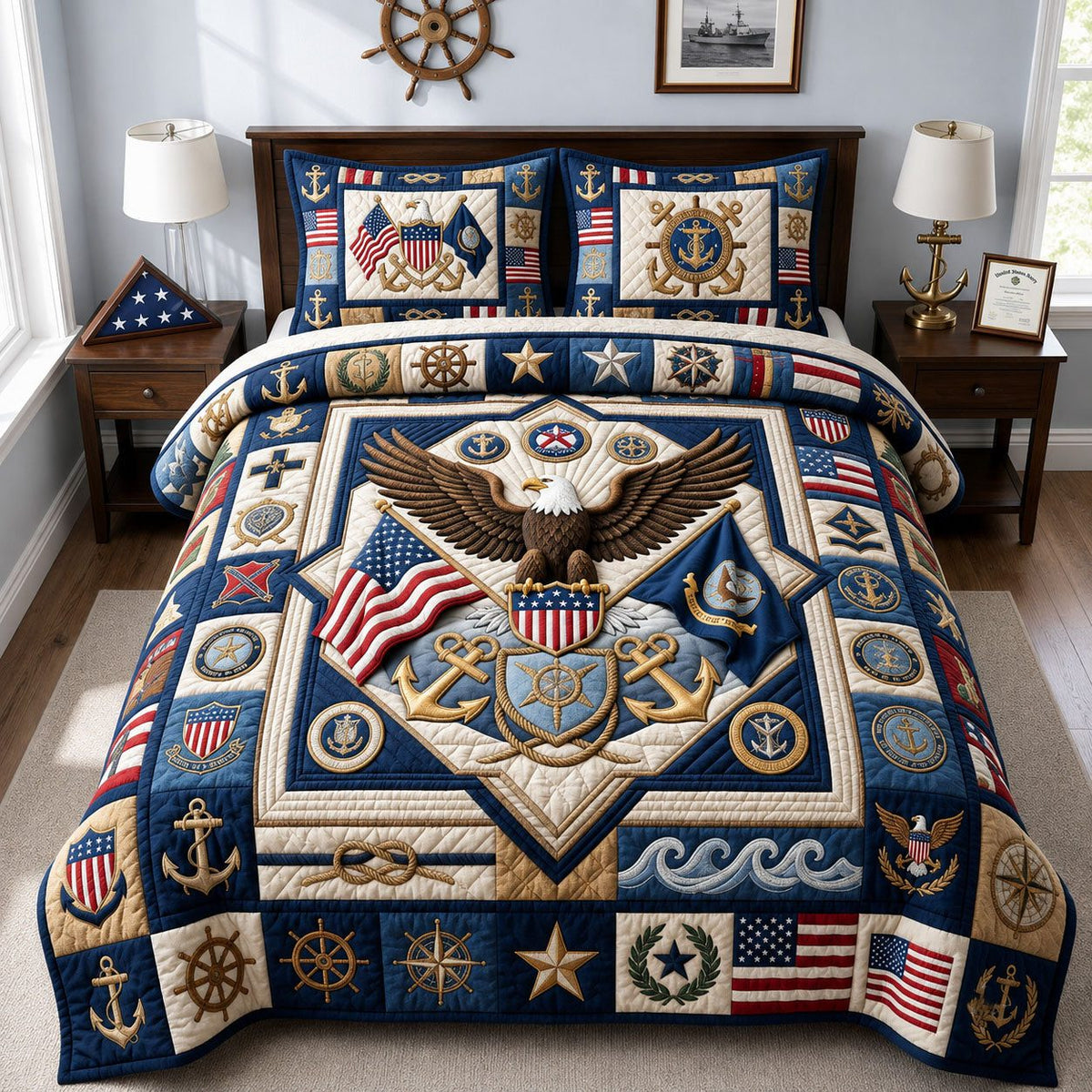 Proud Navy Veteran quilted 3-piece bedding set on a made bed in a warmly lit bedroom