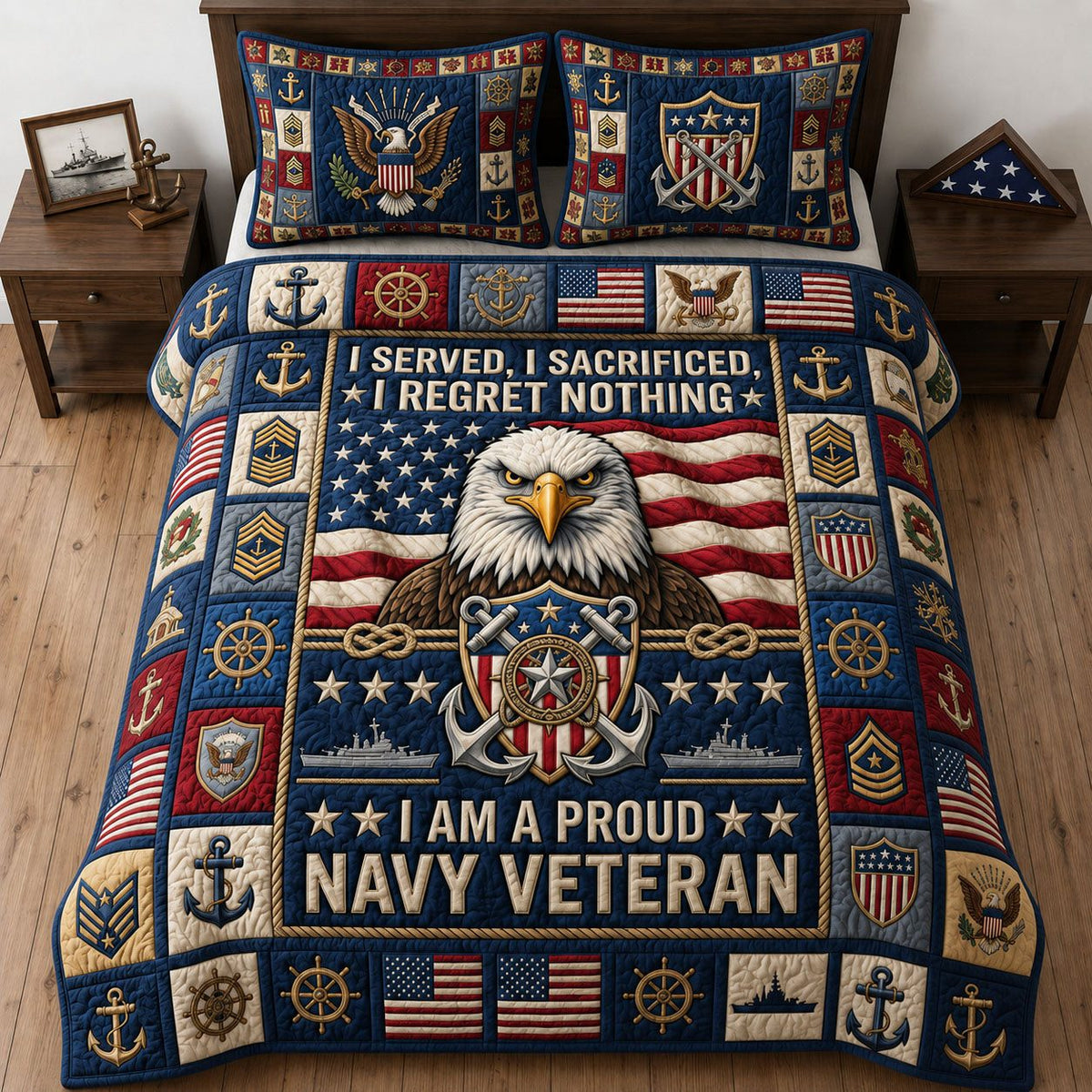 Proud Navy Veteran quilted 3-piece bedding set on a made bed in a warmly lit bedroom
