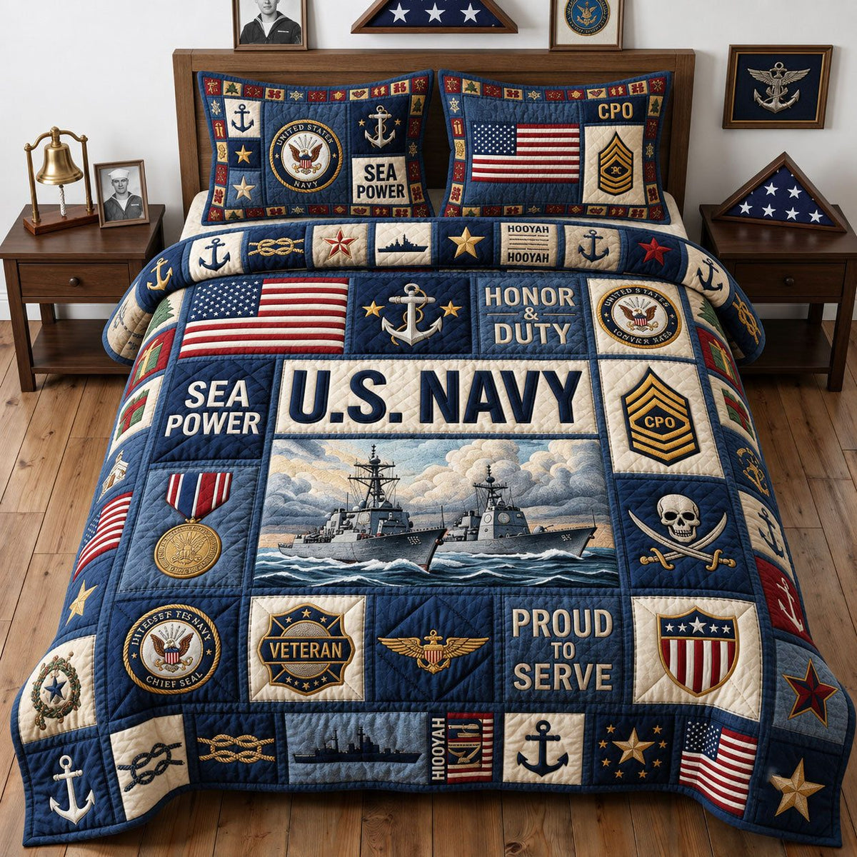 Proud Navy Veteran quilted 3-piece bedding set on a made bed in a warmly lit bedroom