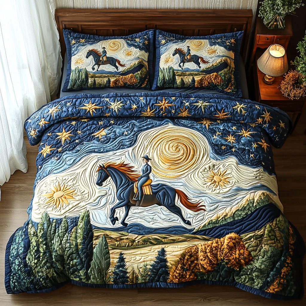 Proud Rider quilted 3-piece bedding set on a made bed with two matching pillow shams