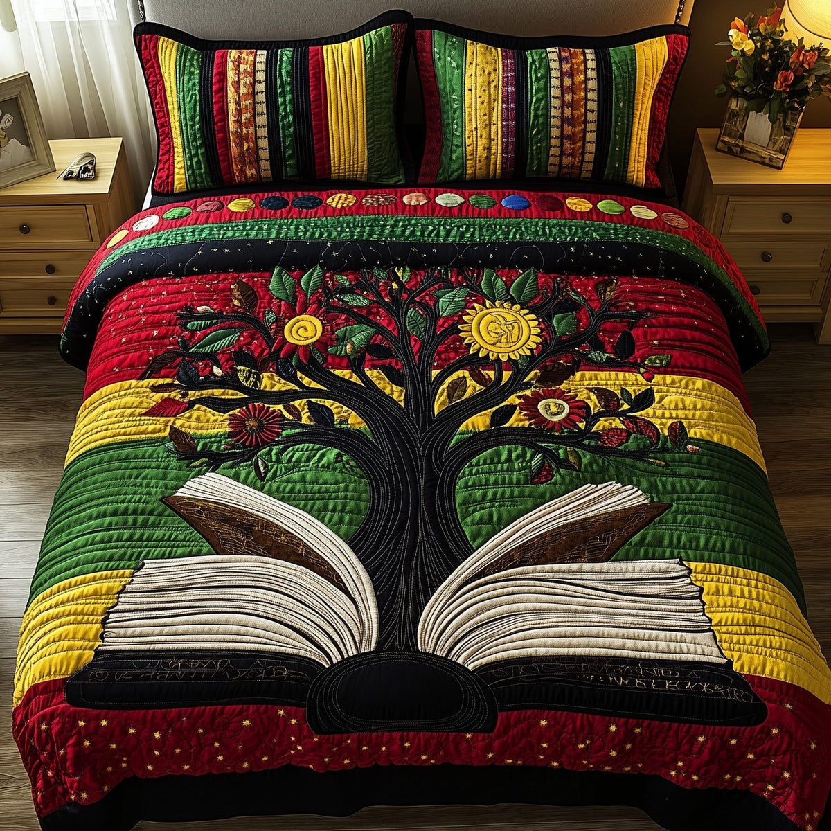 Proud Roots quilted 3-piece bedding set on a made bed with two matching pillow shams