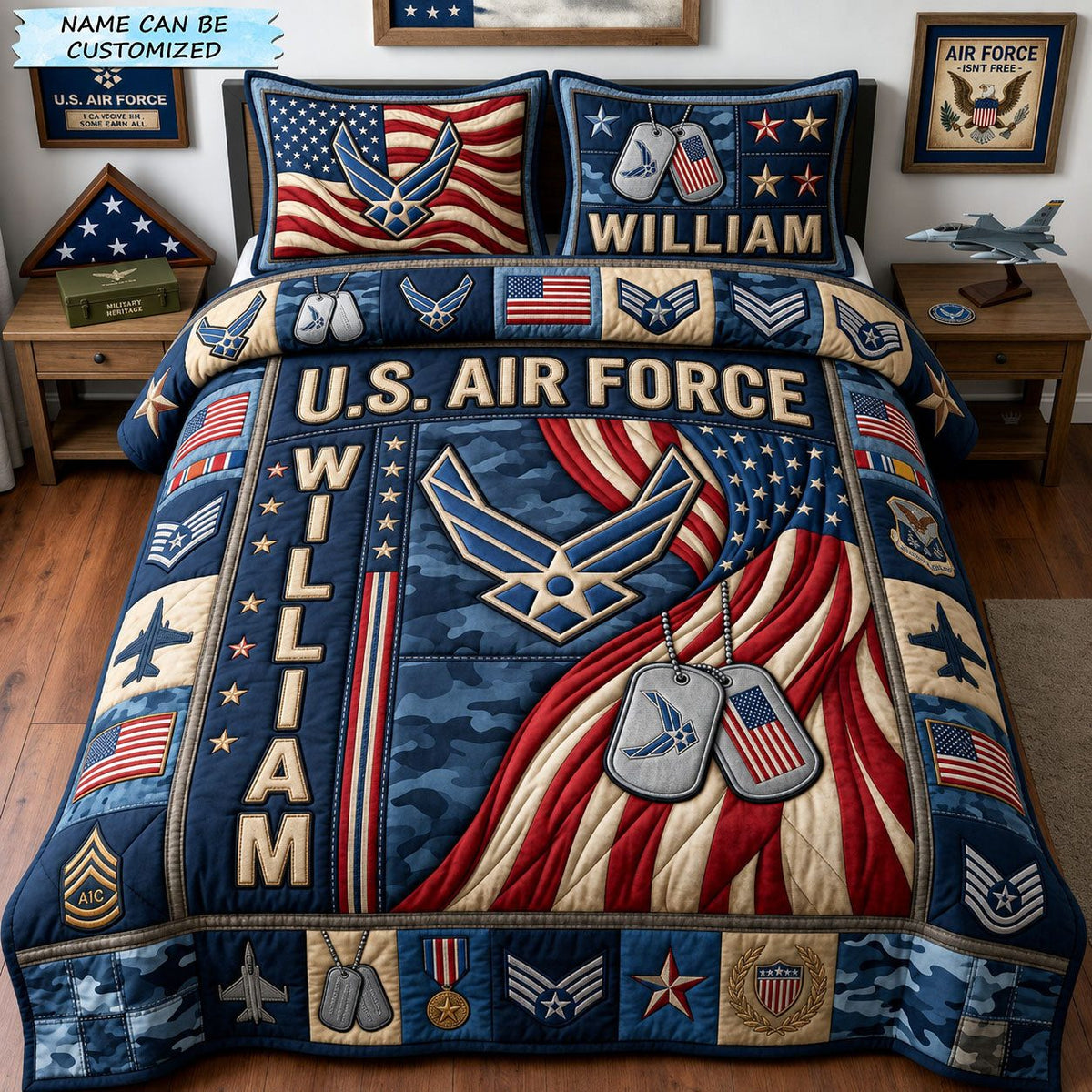 Proud US Air Force 3-Piece Quilted Bedding Set QTCUZ - Design 2 quilted 3-piece bedding set on a made bed with two matching pillow shams