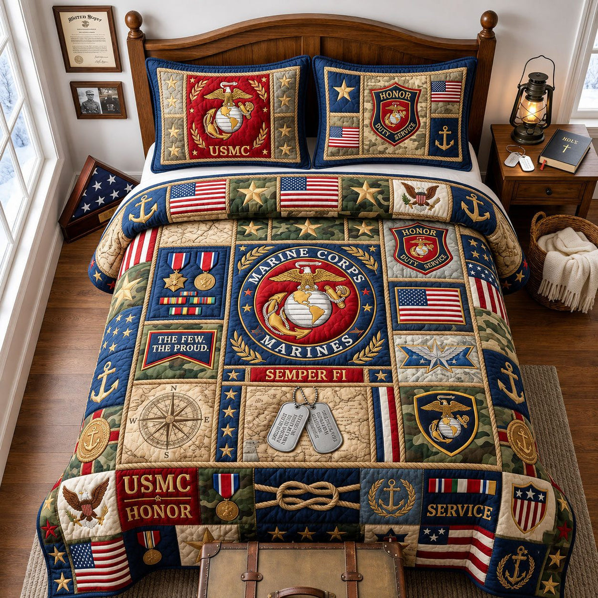 Proud Usmc quilted 3-piece bedding set on a made bed with two matching pillow shams