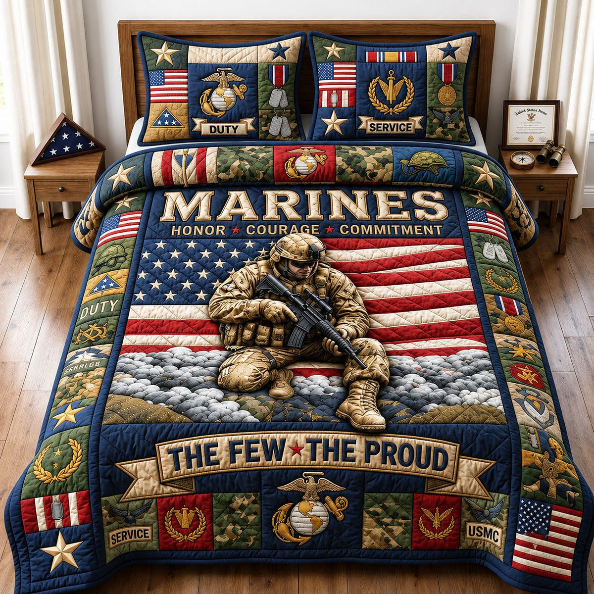 Proud Usmc Quilted Sofa Cover quilted 3-piece bedding set on a made bed with two matching pillow shams