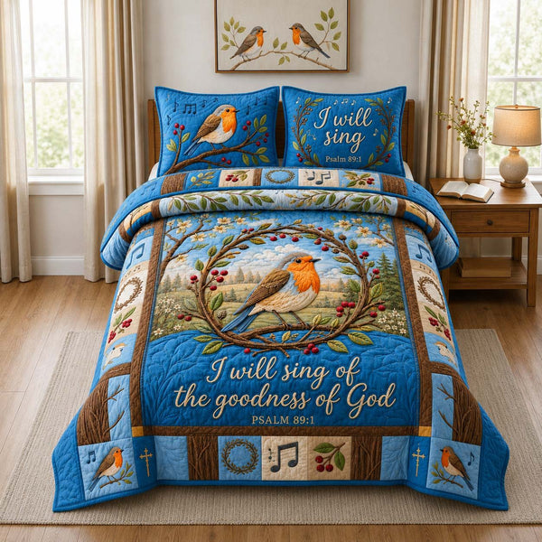 Psalm Robin Song quilted 3-piece bedding set on a made bed in a softly lit bedroom