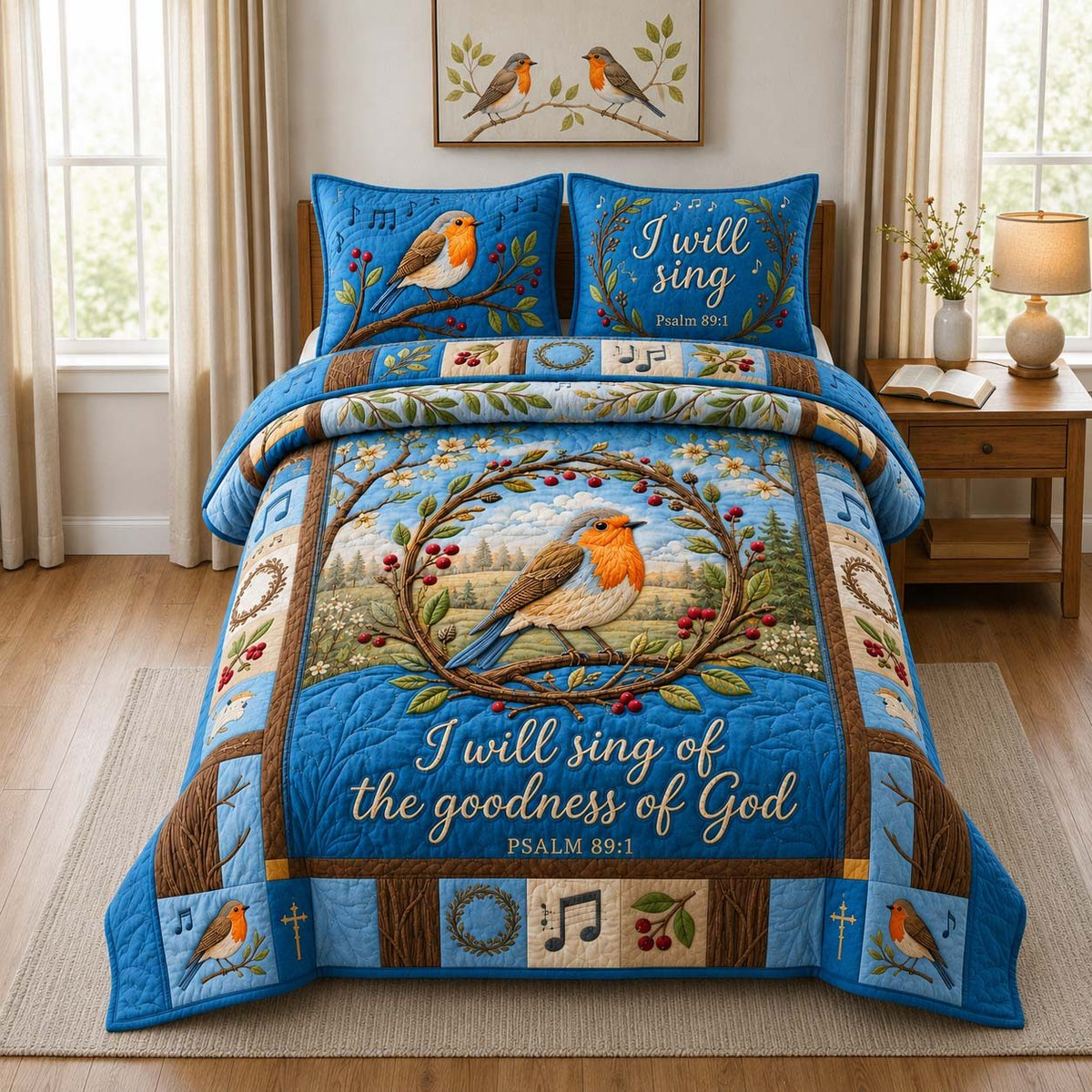 Psalm Robin Song quilted 3-piece bedding set on a made bed in a softly lit bedroom