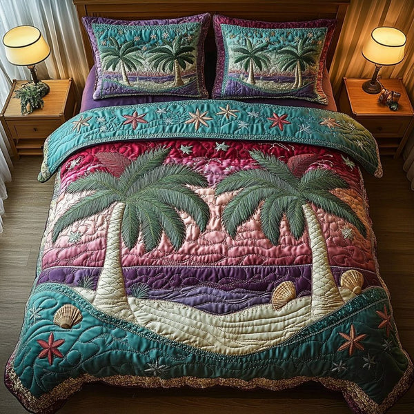 Psychedelic Palm quilted 3-piece bedding set on a made bed in a light coastal bedroom
