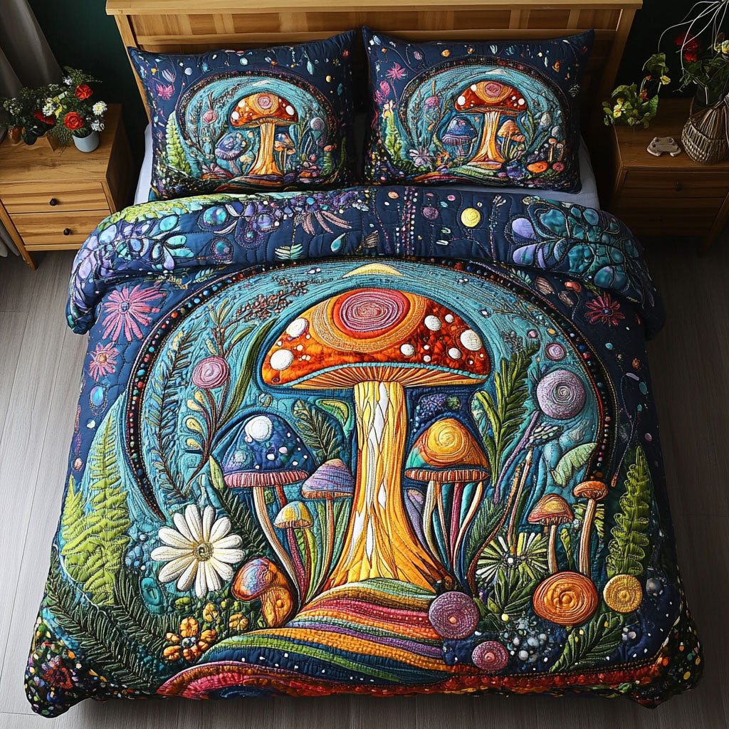 Psychedelic Shrooms quilted 3-piece bedding set on a made bed with two matching pillow shams