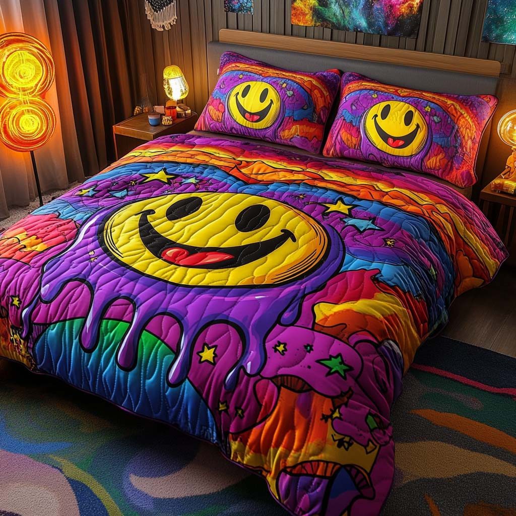 Psychedelic Smiles quilted 3-piece bedding set on a made bed with two matching pillow shams