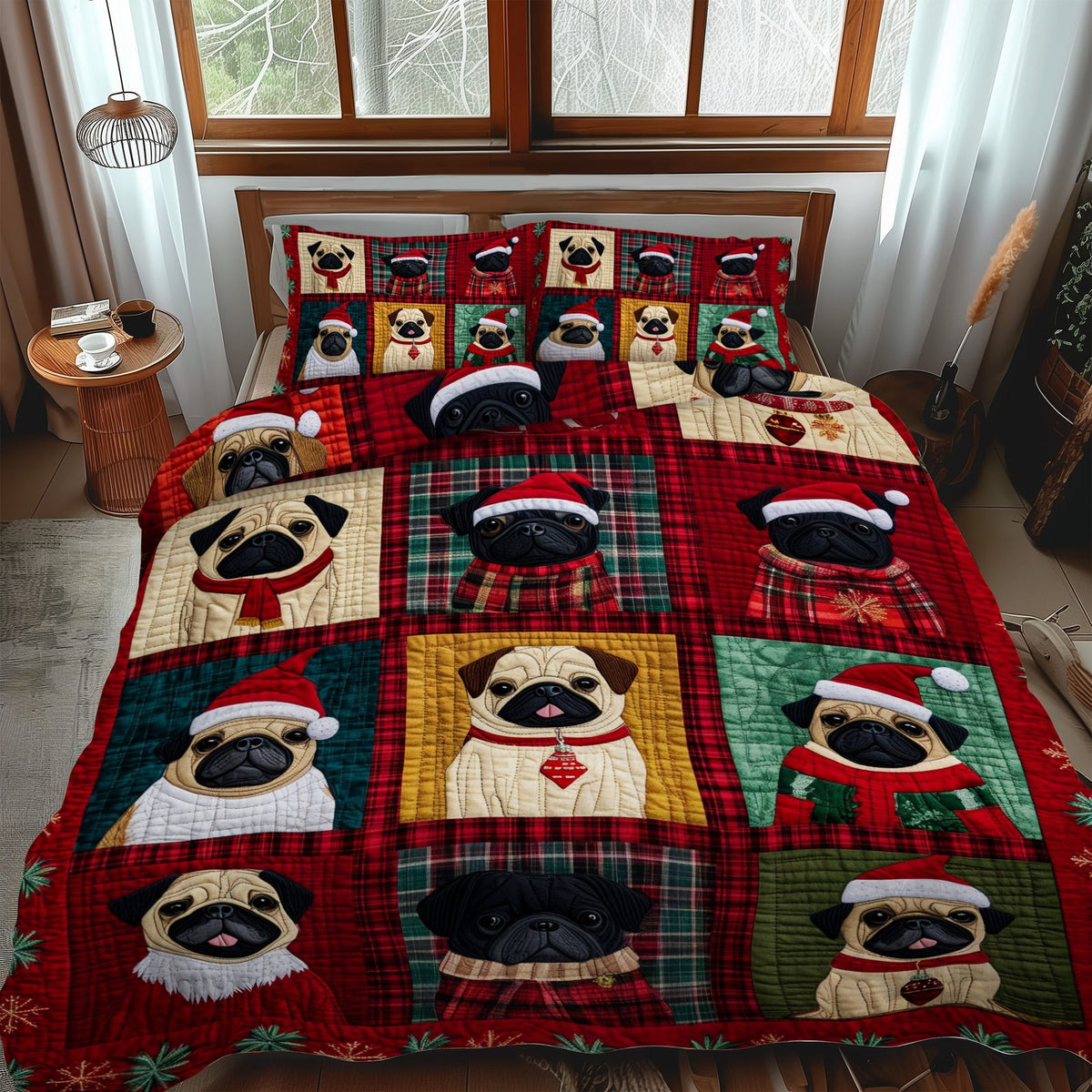 Pug Christmas Cuddles quilted 3-piece bedding set on a made bed in a winter-styled bedroom