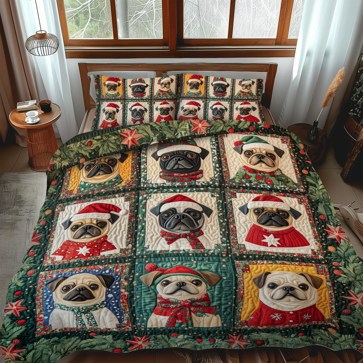 Pug Christmas Tree Snuggle quilted 3-piece bedding set on a made bed in a winter-styled bedroom