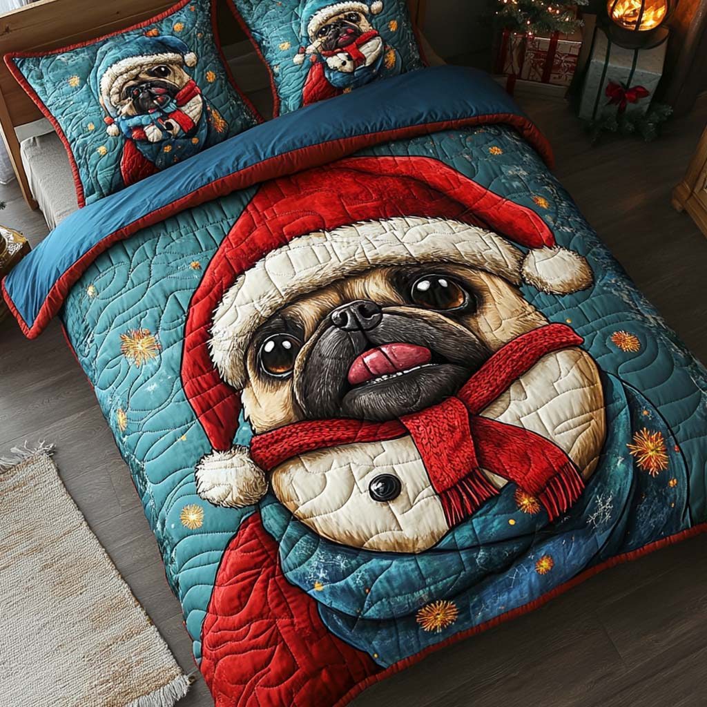 Pug Santa Snuggle quilted 3-piece bedding set on a made bed in a winter-styled bedroom