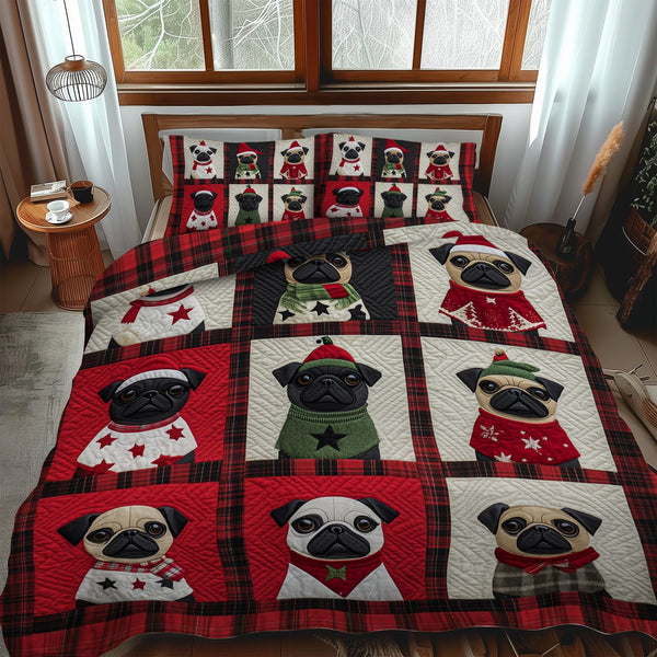 Pug Snowy Adventure quilted 3-piece bedding set on a made bed in a winter-styled bedroom