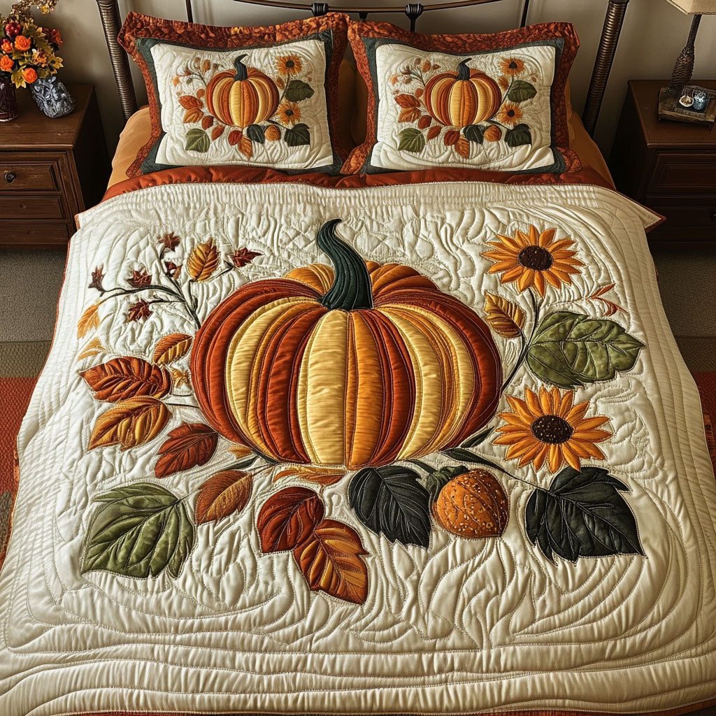 Pumpkin and Spice quilted 3-piece bedding set on a made bed against a dark styled interior