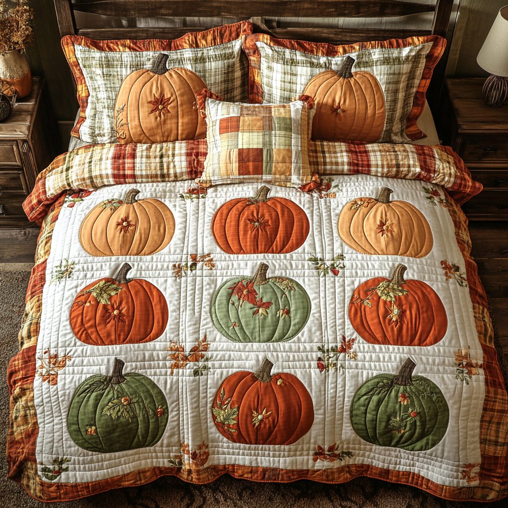 Pumpkin Bliss quilted 3-piece bedding set on a made bed against a dark styled interior
