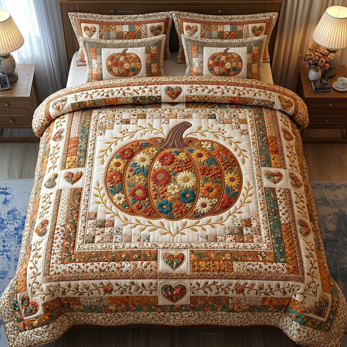 Pumpkin Blossoms Patchwork quilted 3-piece bedding set on a made bed against a dark styled interior