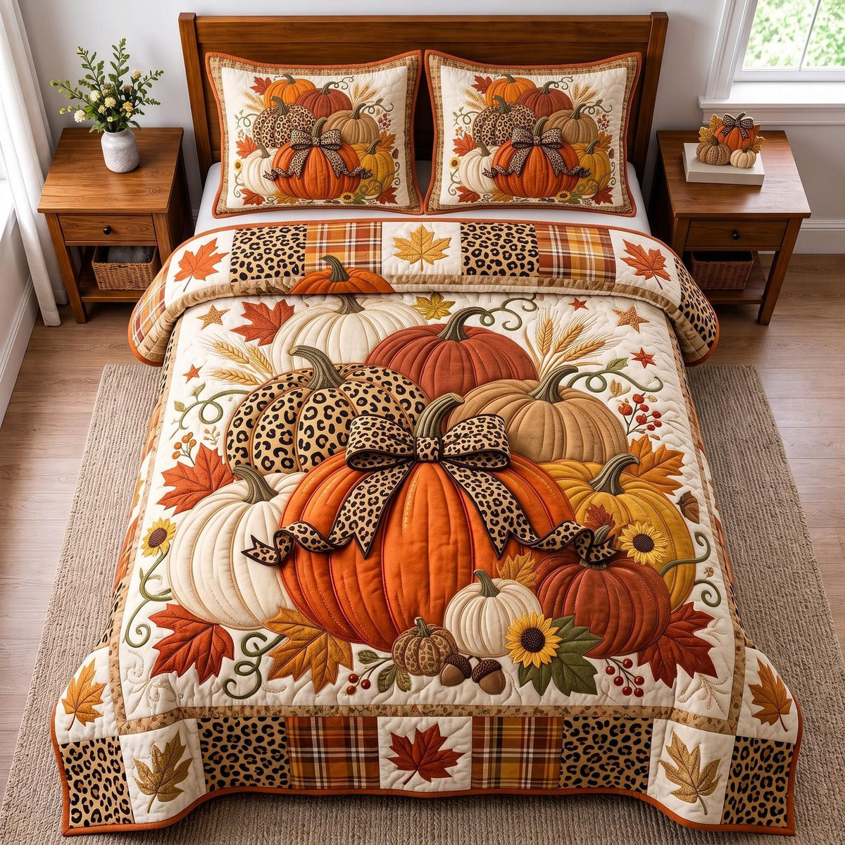 Pumpkin Bow quilted 3-piece bedding set on a made bed against a dark styled interior