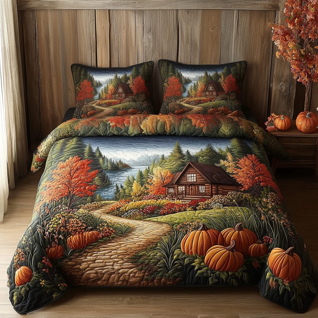 Pumpkin Cabin quilted 3-piece bedding set on a made bed against a dark styled interior