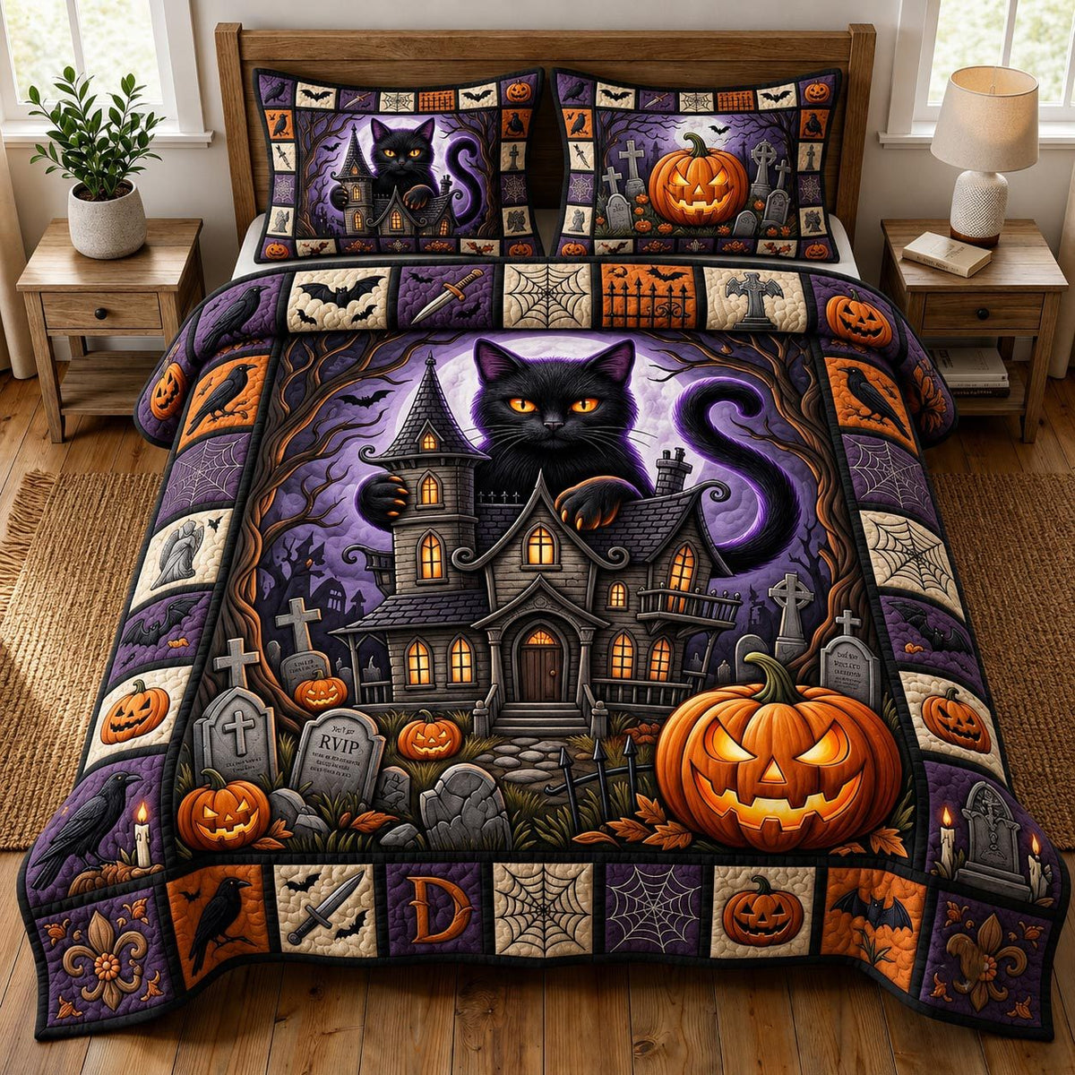 Pumpkin Cat quilted 3-piece bedding set on a made bed against a dark styled interior