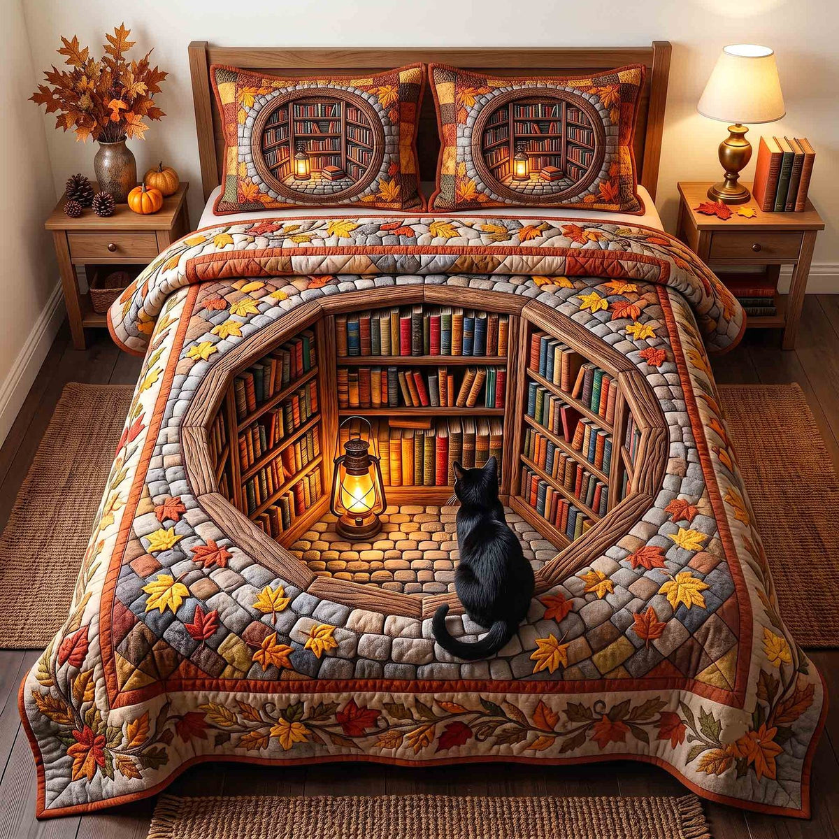 Pumpkin Cat Whimsy quilted 3-piece bedding set on a made bed against a dark styled interior
