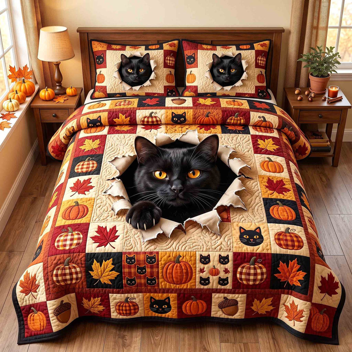 Pumpkin Cat Whimsy quilted 3-piece bedding set on a made bed against a dark styled interior