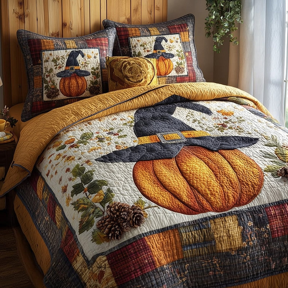 Pumpkin Charm quilted 3-piece bedding set on a made bed against a dark styled interior