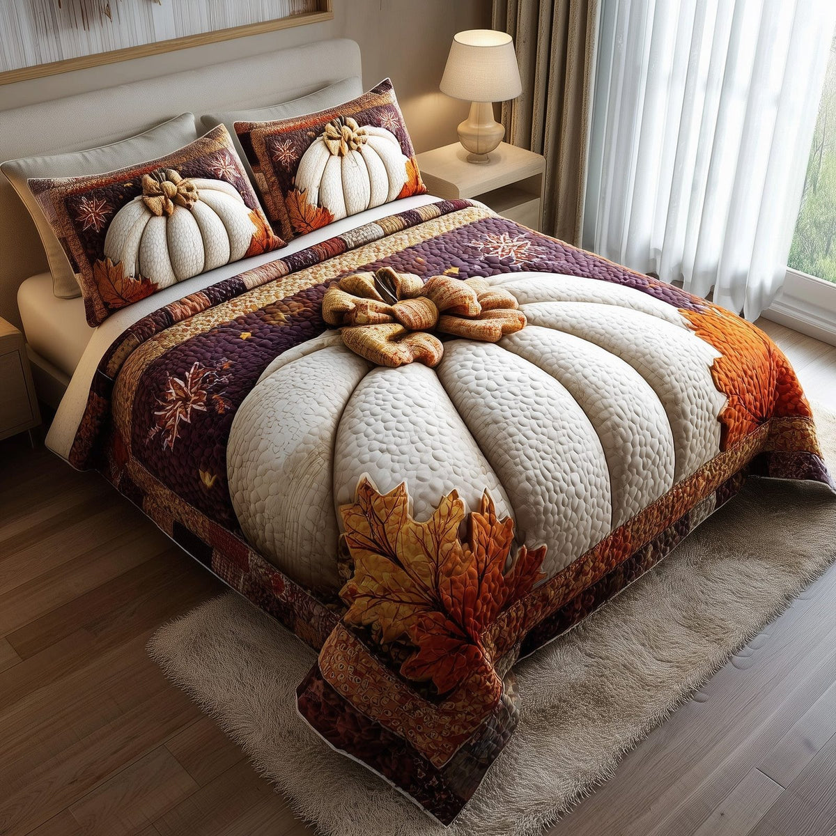 Pumpkin Charm quilted 3-piece bedding set on a made bed against a dark styled interior