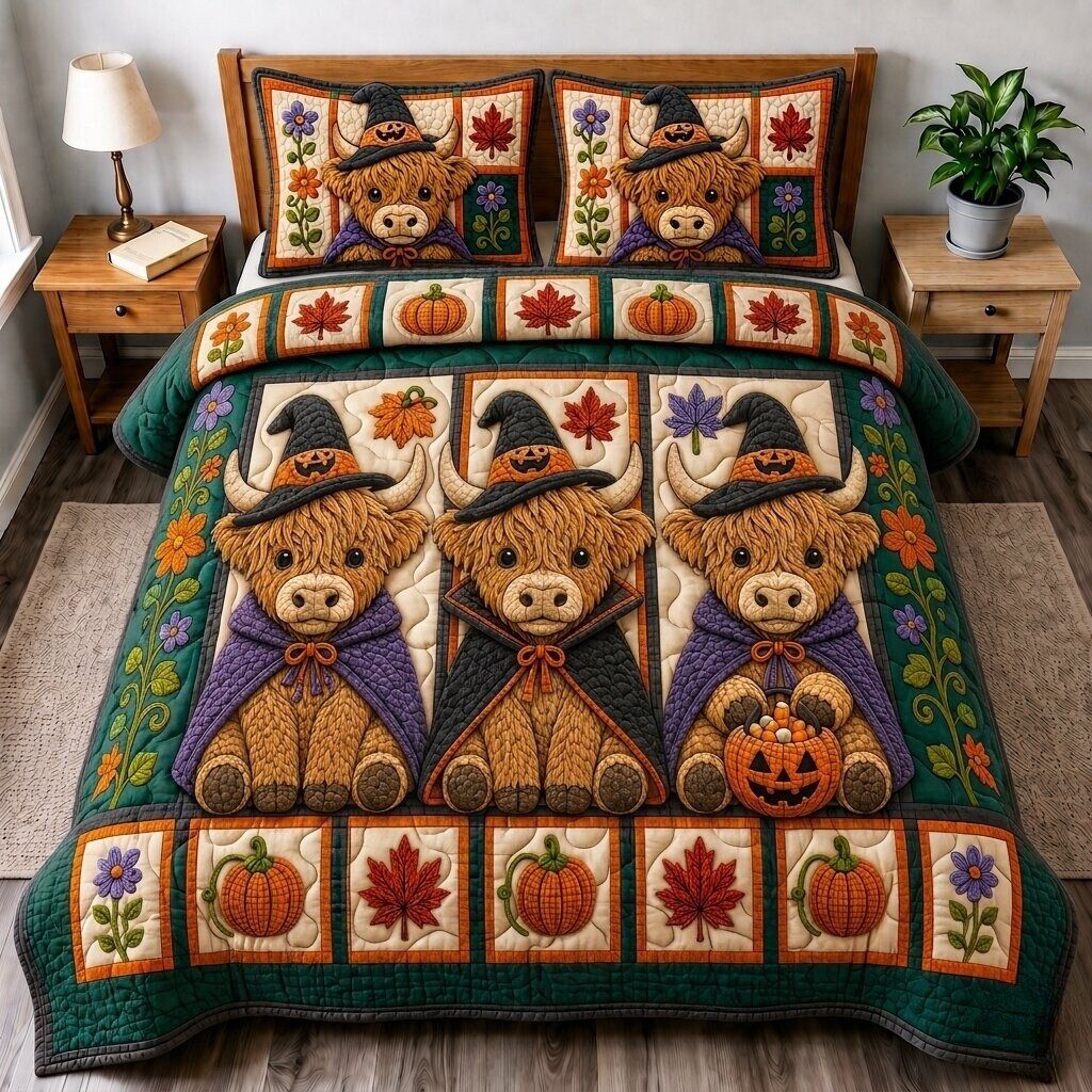 Pumpkin Cow quilted 3-piece bedding set on a made bed against a dark styled interior