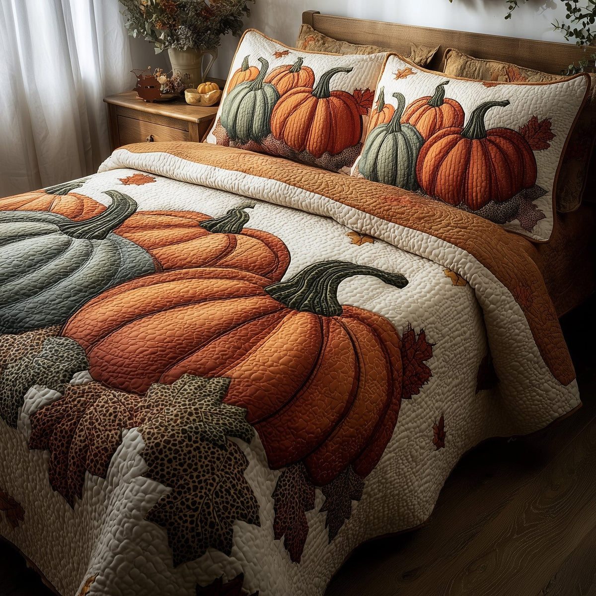 Pumpkin Delight quilted 3-piece bedding set on a made bed against a dark styled interior