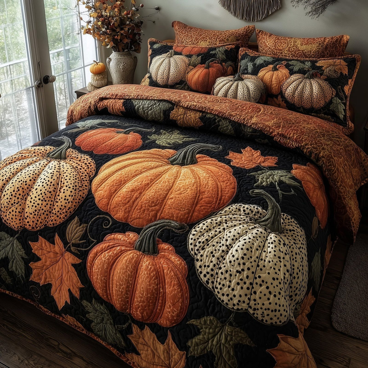 Pumpkin Delight quilted 3-piece bedding set on a made bed against a dark styled interior