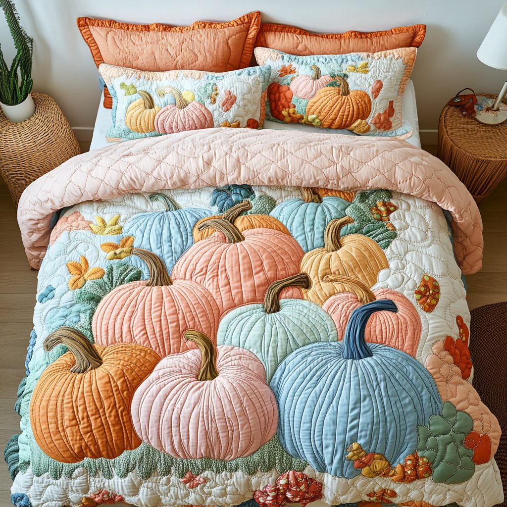 Pumpkin Dreams quilted 3-piece bedding set on a made bed against a dark styled interior