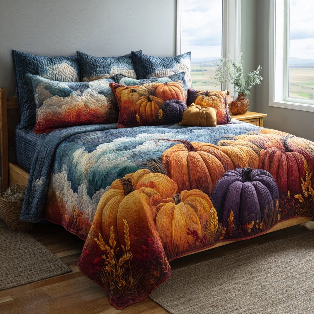 Pumpkin Field quilted 3-piece bedding set on a made bed against a dark styled interior