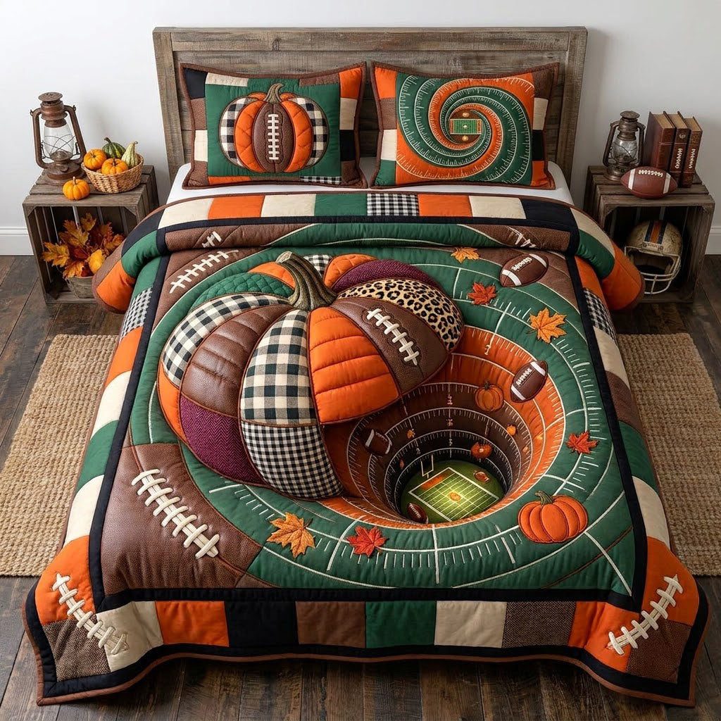 Pumpkin Football Spiral quilted 3-piece bedding set on a made bed against a dark styled interior