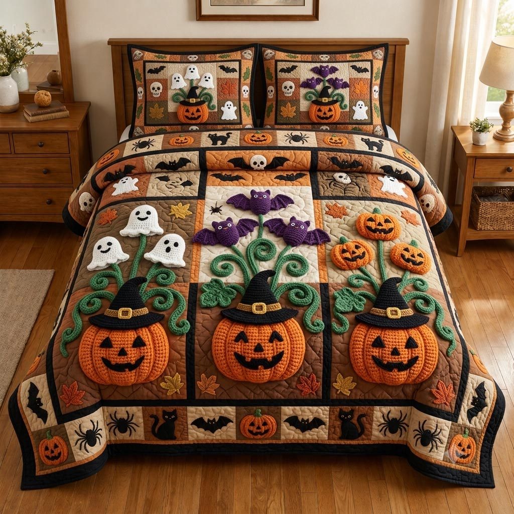 Pumpkin Garden quilted 3-piece bedding set on a made bed against a dark styled interior