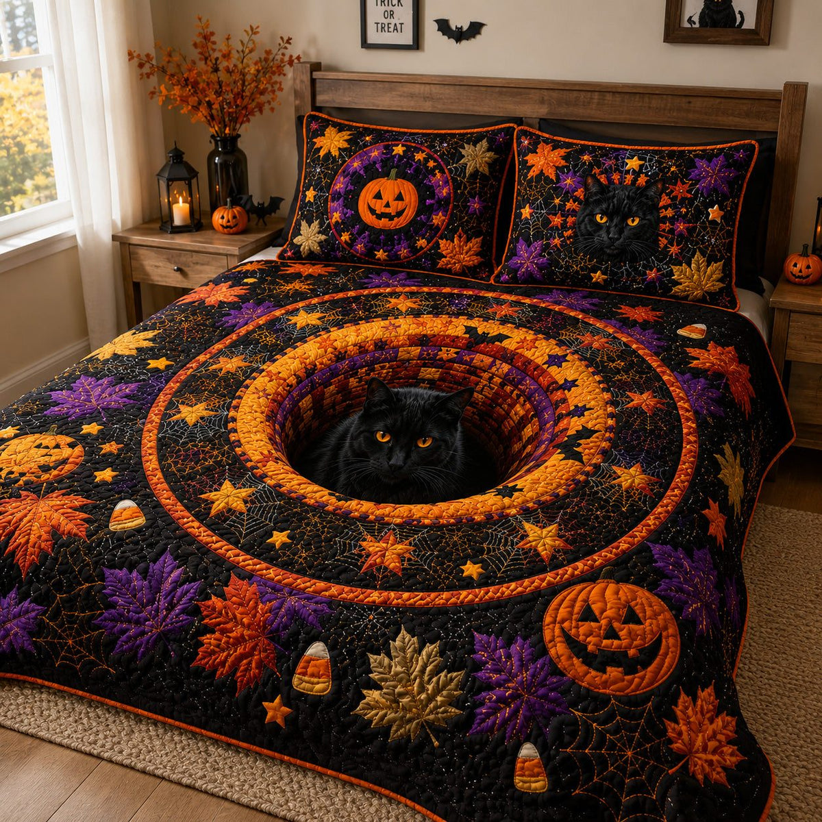 Pumpkin Gaze quilted 3-piece bedding set on a made bed against a dark styled interior