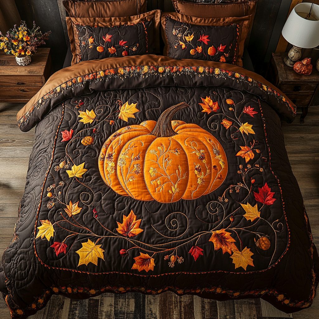 Pumpkin Glow quilted 3-piece bedding set on a made bed against a dark styled interior