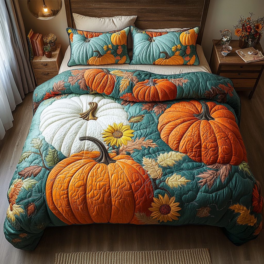 Pumpkin Glow quilted 3-piece bedding set on a made bed against a dark styled interior