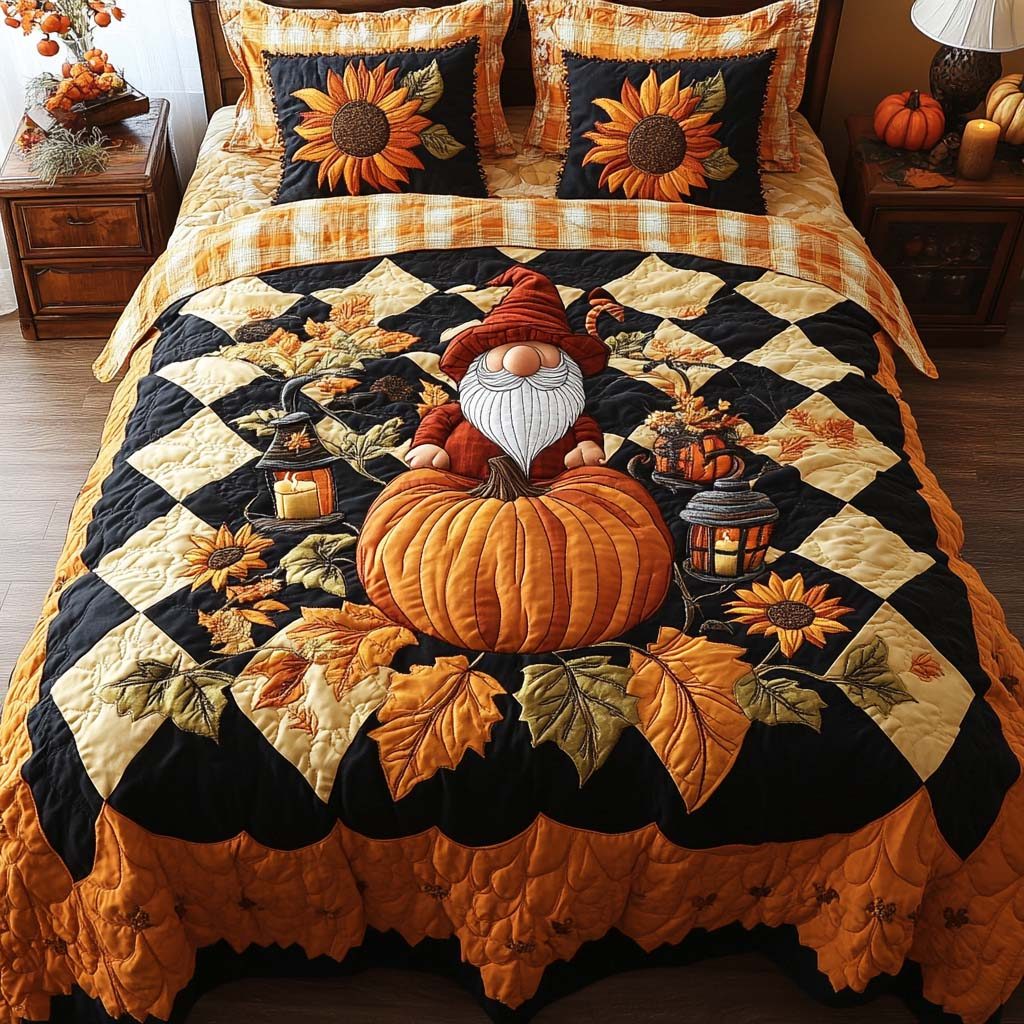 Pumpkin Gnome Lane quilted 3-piece bedding set on a made bed in a winter-styled bedroom