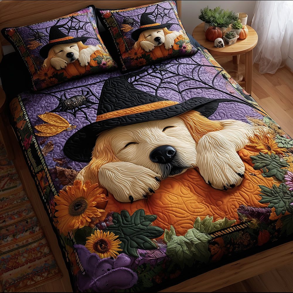 Pumpkin Golden Retriever quilted 3-piece bedding set on a made bed against a dark styled interior
