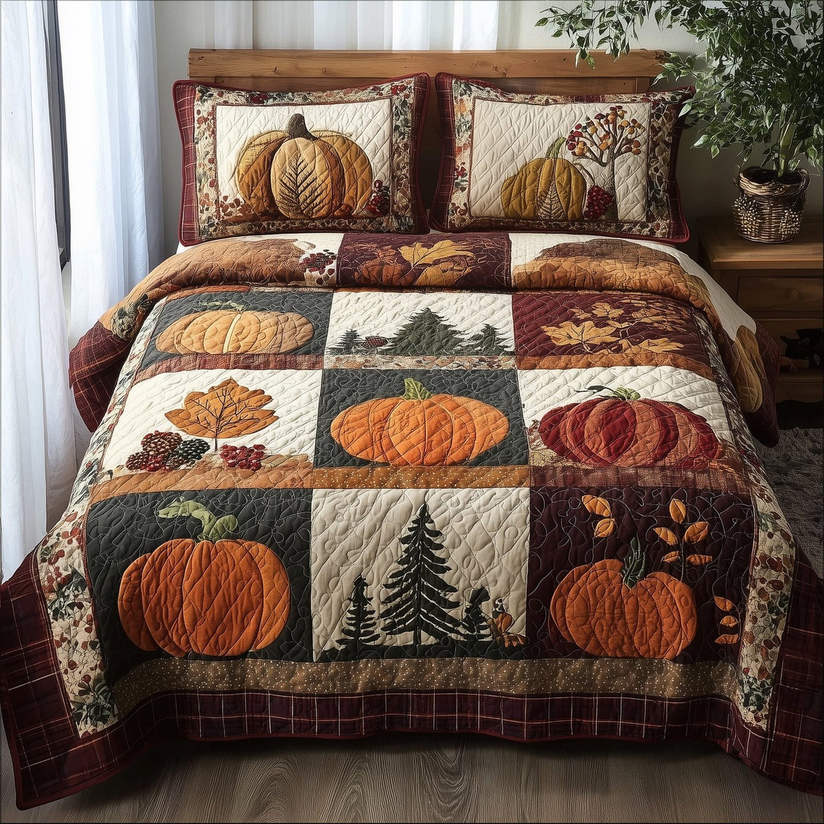Pumpkin Harvest quilted 3-piece bedding set on a made bed against a dark styled interior
